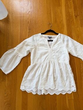 White Boho Babydoll Top w/ Embroidery + Flowy Sleeves Sz S Linen & Cotton